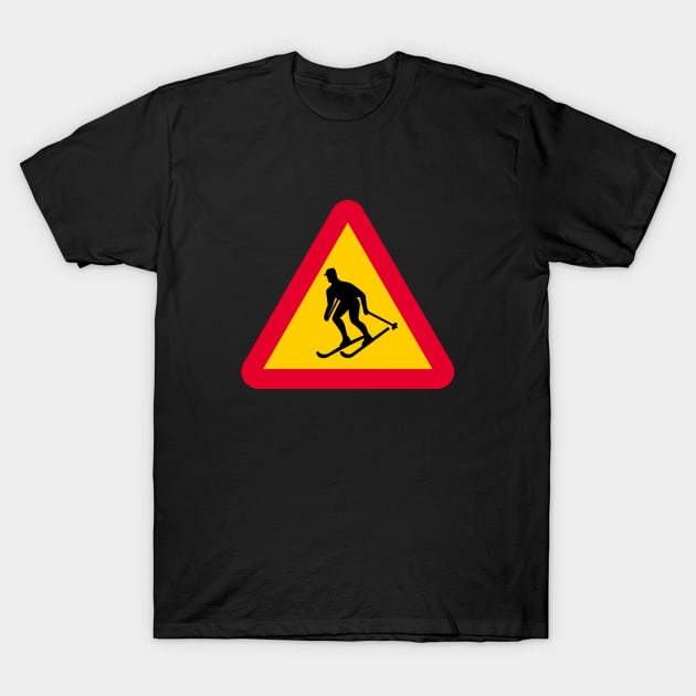 Warning sign from Sweden with a Skier T-Shirt by 66LatitudeNorth